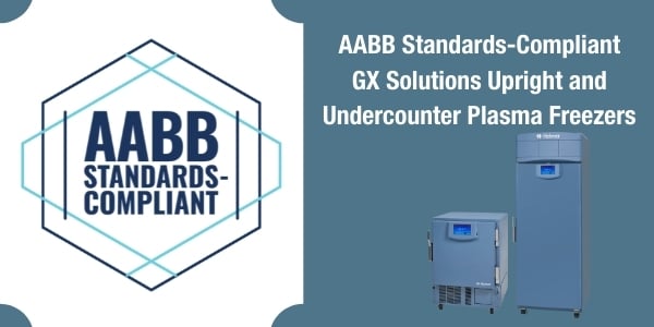 Images of Helmer Scientific's GX Solutions Plasma Freezers with the AABB logo