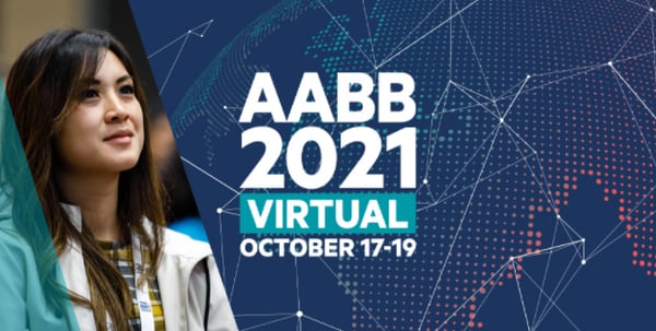 A medical professional looking out of the frame with the text AABB 2021 Virtual October 17-19