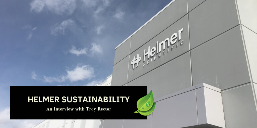 A view of the Helmer Scientific office building with text about Helmer Sustainability